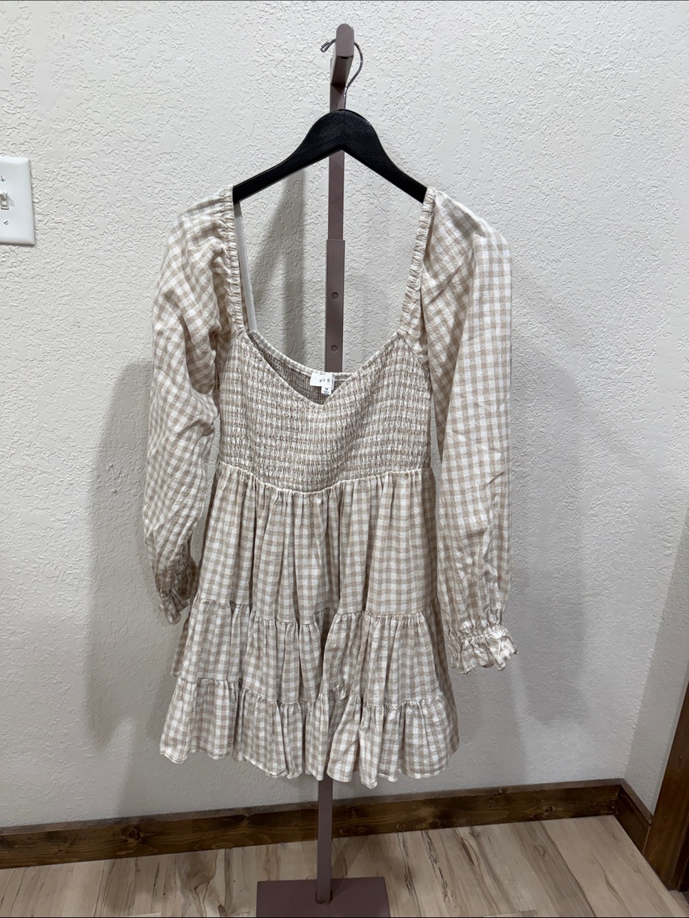 Smocked Gingham Tiered Midi Dress in Beige